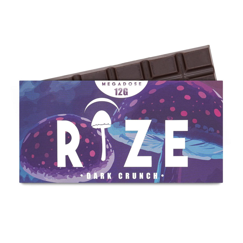 Rize of Hope 12g Dark Crunch Mushroom Chocolate Bar – front packaging with 10 tiles of 70% organic dark chocolate infused with crushed cookies and mushroom extract.