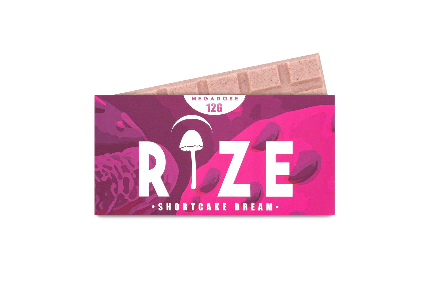 Rize of Hope 12g Shortcake Dream Mushroom Chocolate Bar – front packaging with 10 tiles of white chocolate infused with freeze-dried strawberries, shortcake crumbs, and mushroom extract