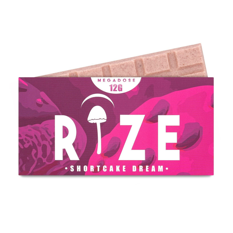 Rize of Hope 12g Shortcake Dream Mushroom Chocolate Bar – front packaging with 10 tiles of white chocolate infused with freeze-dried strawberries, shortcake crumbs, and mushroom extract