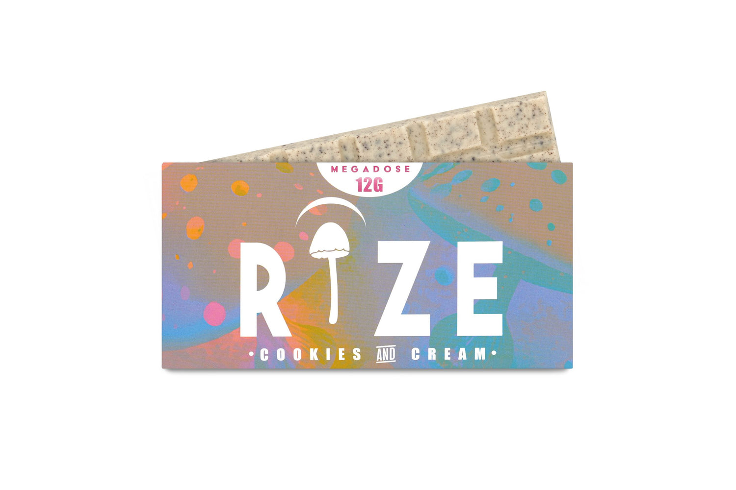 Rize of Hope 12g Cookies and Cream Mushroom Chocolate Bar – front packaging with 10 tiles of organic white chocolate infused with crushed Oreos and mushroom extract
