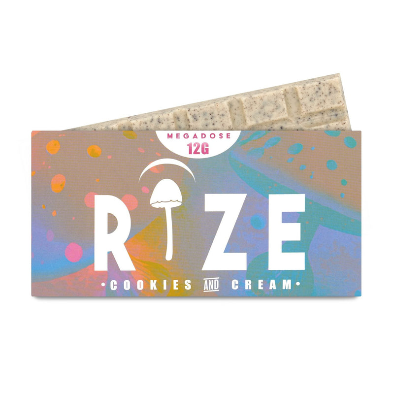 Rize of Hope 12g Cookies and Cream Mushroom Chocolate Bar – front packaging with 10 tiles of organic white chocolate infused with crushed Oreos and mushroom extract
