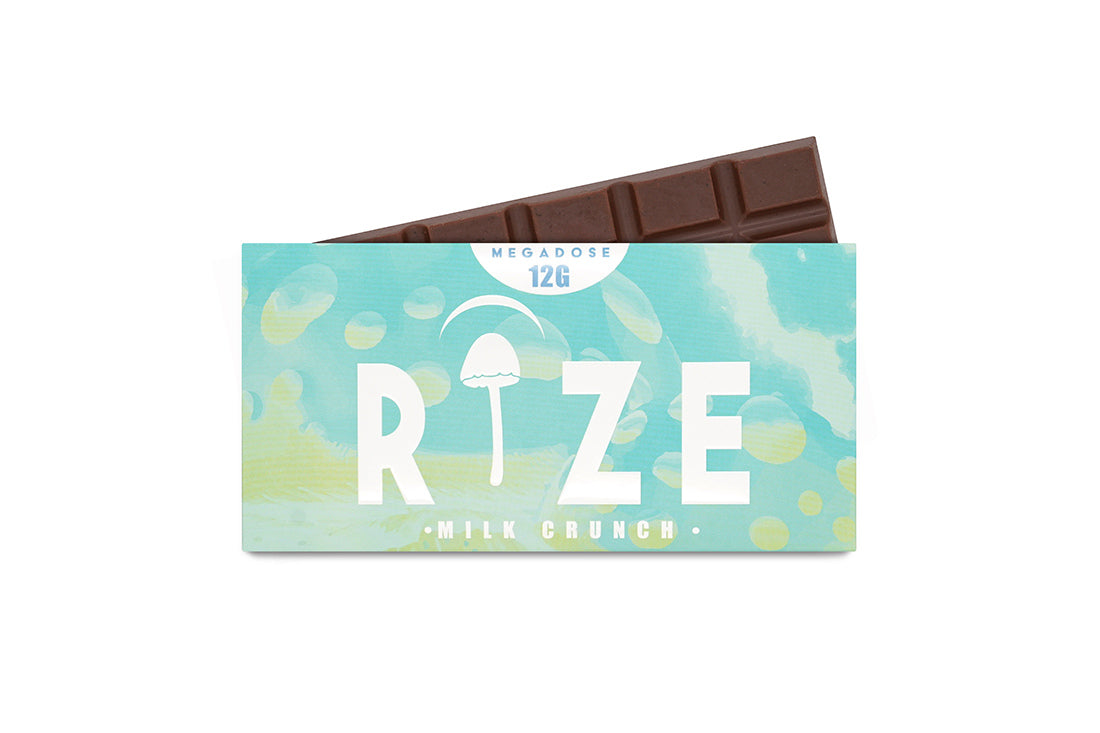 Rize of Hope 12g Milk Crunch Mushroom Chocolate Bar – front packaging with 10 tiles of organic mushroom-infused milk chocolate