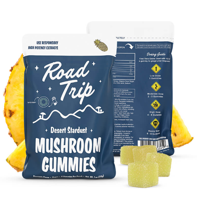 A photo rendering of the back of the Road Trip Pineapple flavored mushroom gummies package.  