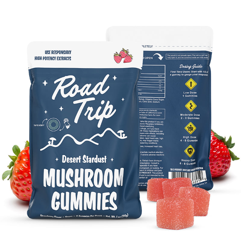 A photo of the back of the package for  Strawberry Road Trip Mushroom Gummies shows the ingredients and suggested use. 