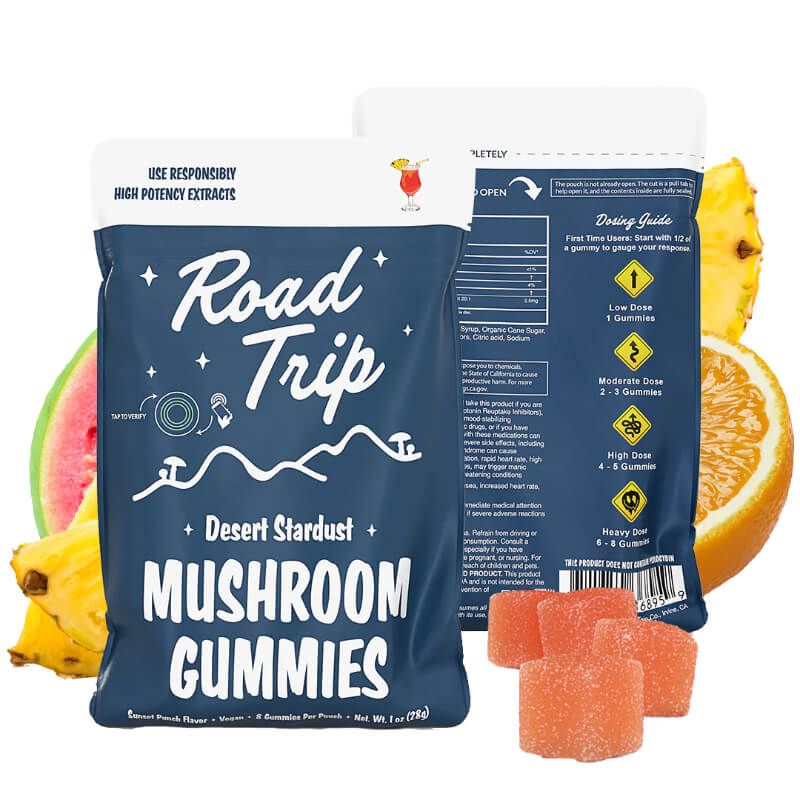  Sunset Punch Road Trip Mushroom Gummies have a tropical flavor that elevates moods and provides immersive sensory experiences.