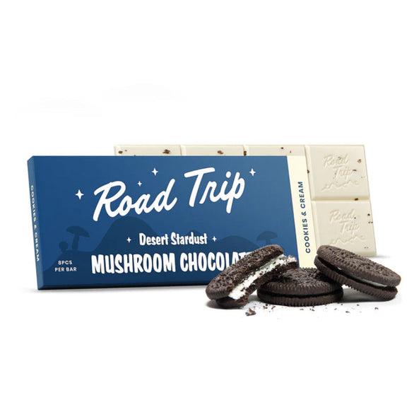 Road Trip: magic mushroom chocolate bar, cookies, and cream. 