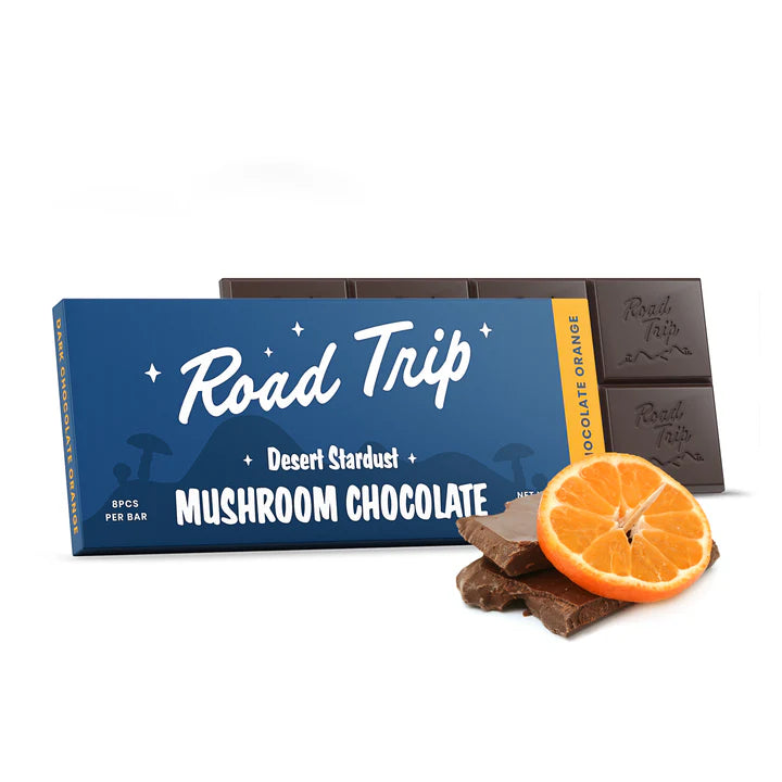 Road trip, Dark chocolate with orange zest, mushroom chocolate bar.