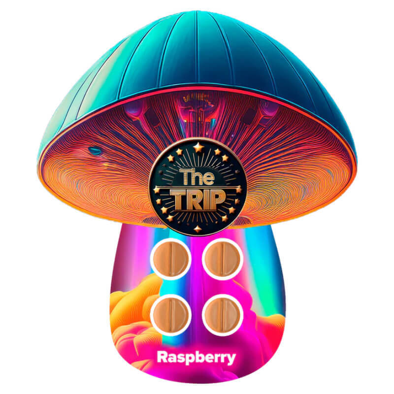 The Trip Raspberry Mushroom Tabs sugar-free 4 count blister pack with cosmic raspberry design.