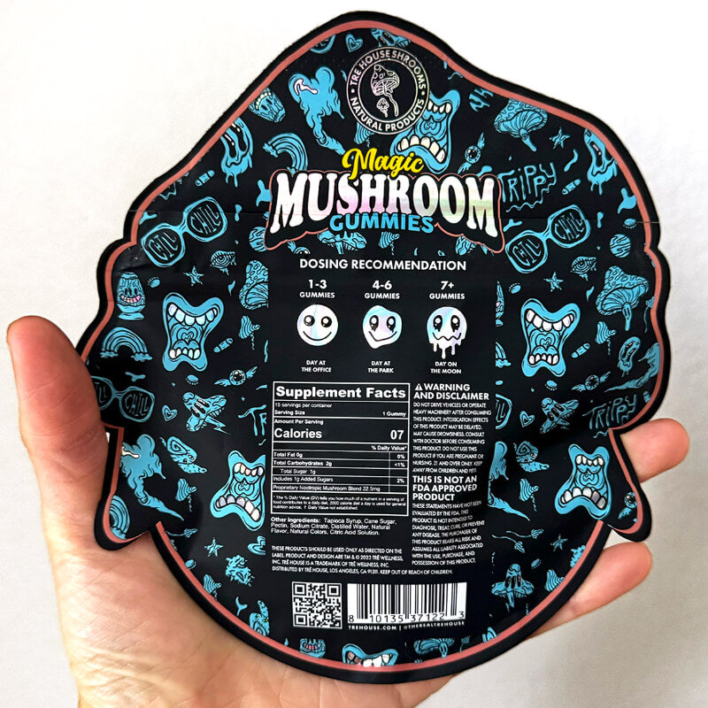 Back of the package for TRĒ House Juicy Mango Magic Mushroom Gummies (15ct) – Vegan, Gluten-Free Nootropic Mushroom Gummy Pouch.