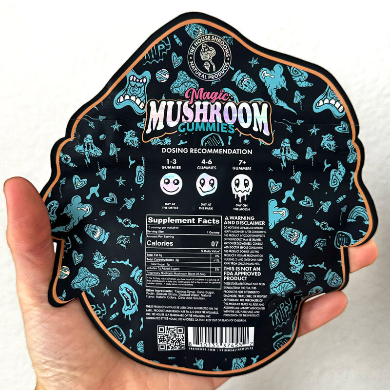 Back of TRĒ House Sour Tropical magic mushroom gummies with complete nutrition facts, mushroom blend, and recommended use.