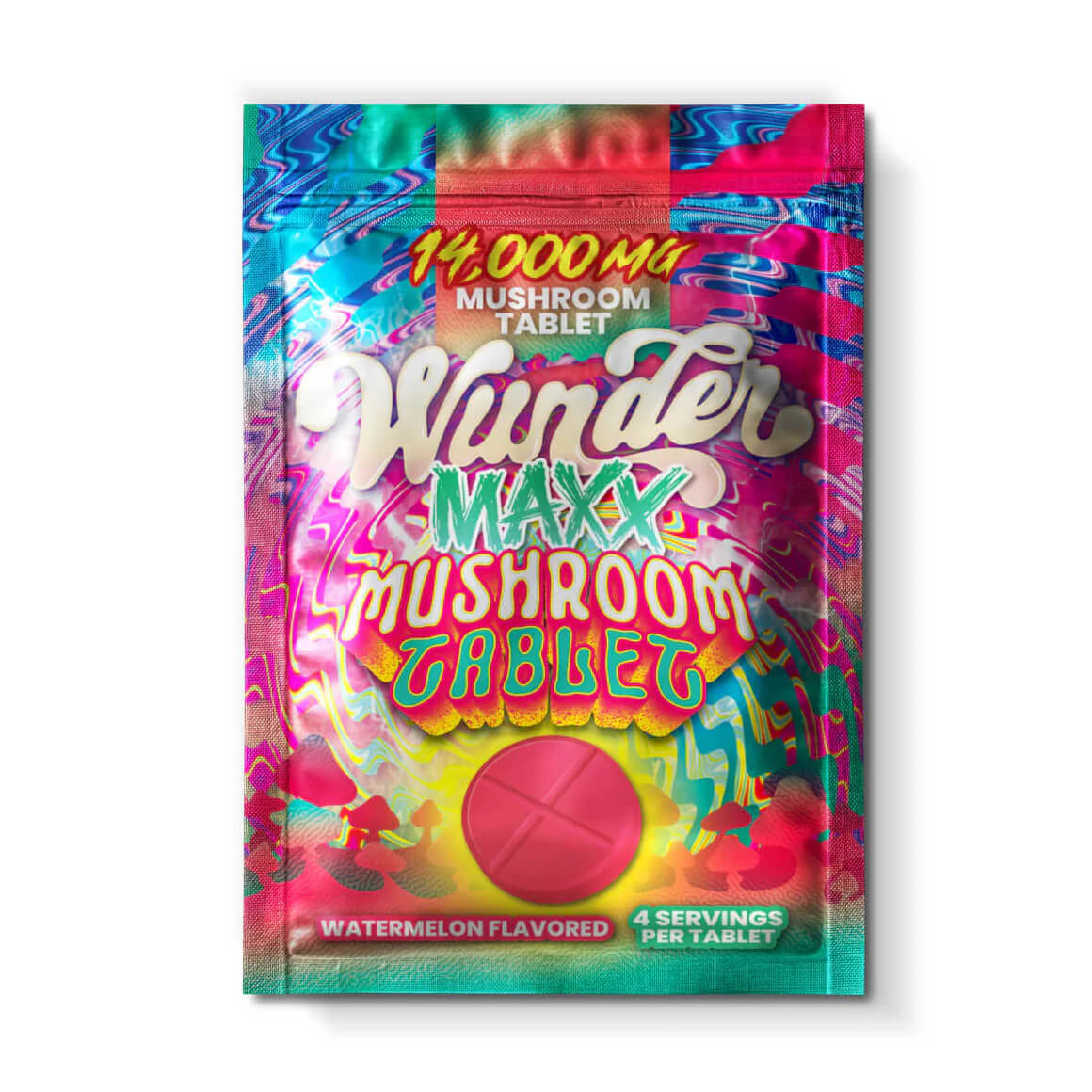 Wunder Maxx Strength Watermelon mushroom tablet packaging, highlighting a 14,000mg ultra-potent blend and the Maxx Strength formula.