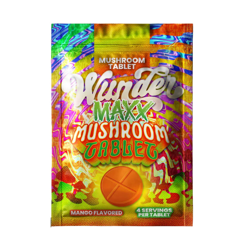 Wunder Maxx Mango Mushroom Tablet 14000mg packaging front view with warm tropical orange and yellow mango design