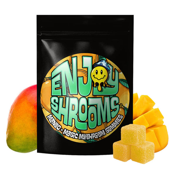 Enjoy Shrooms Bulk Mango Mushroom Gummies, a 50-count bag featuring juicy tropical mango flavor and unbeatable bulk value.