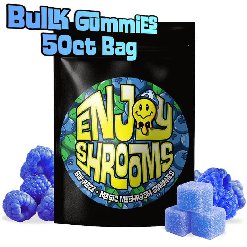 Enjoy Shrooms Blue Raspberry 50ct Mushroom Gummies – Bulk pack with bold flavor and consistent effects.