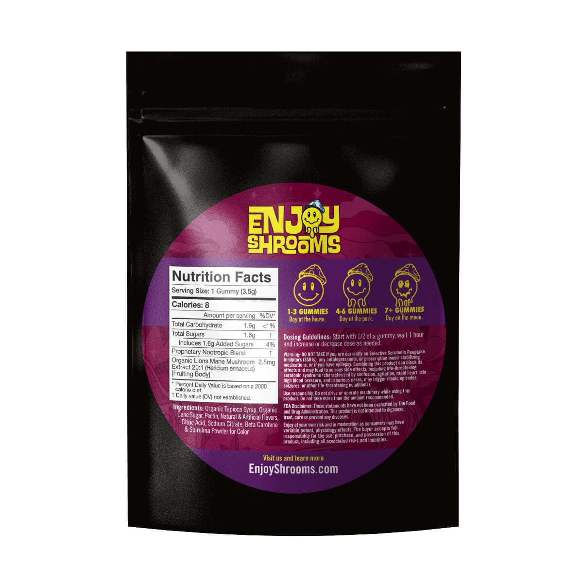Enjoy Shrooms Bulk Mixed Fruit Gummies back label showing ingredients, storage directions, suggested use, and standard supplement disclaimers.