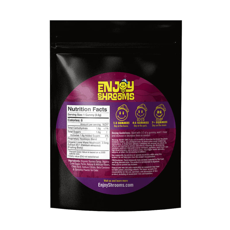Enjoy Shrooms Bulk Mixed Fruit Gummies back label showing ingredients, storage directions, suggested use, and standard supplement disclaimers.