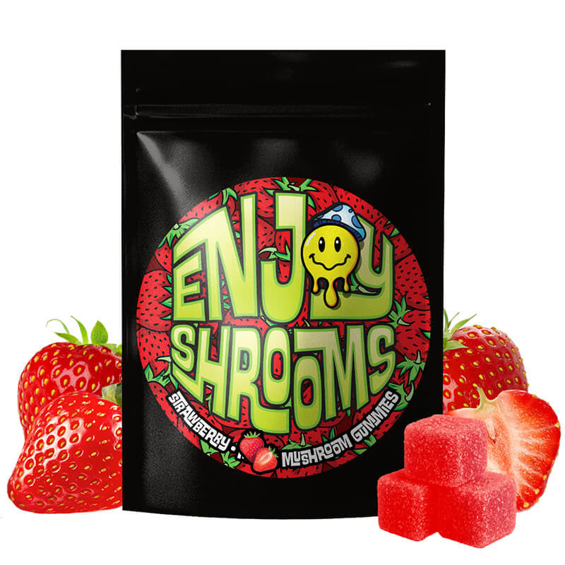 Enjoy Shrooms Bulk Strawberry Mushroom Gummies 50 count bag with juicy cosmic strawberry design.