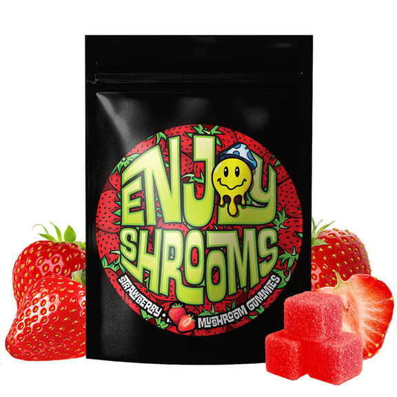 Enjoy Shrooms Bulk Strawberry Mushroom Gummies 50 count bag with juicy cosmic strawberry design.
