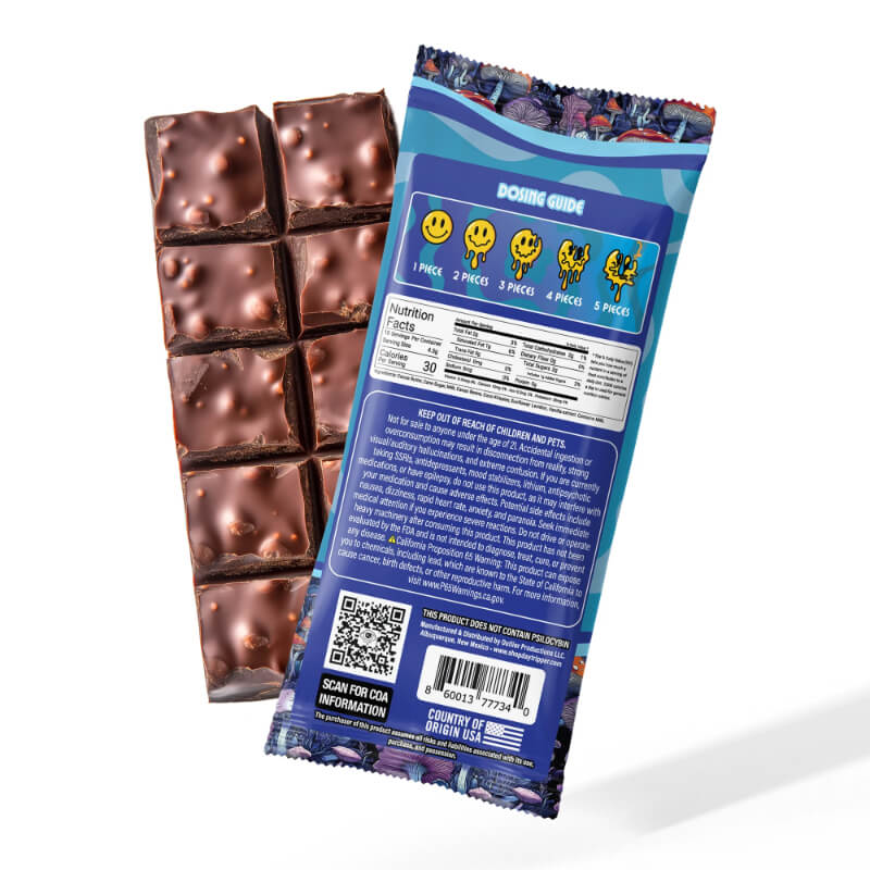 Day Tripper Chocolate Crunch bulk Mushroom Bar back of the package showing the nutrition facts, ingredients and dosing guide for the 4-pack bundle. 