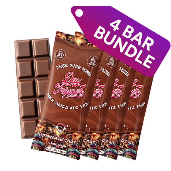 4 Pack Bundle Day Tripper mushroom milk chocolate bars in packaging with a purple tag indicating a '4 Bar Bundle'.