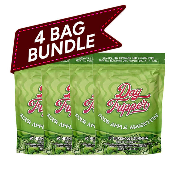 Bundle Deal of 'Day Tripper' Sour Apple Mushroom gummies come in 4 bags value size.