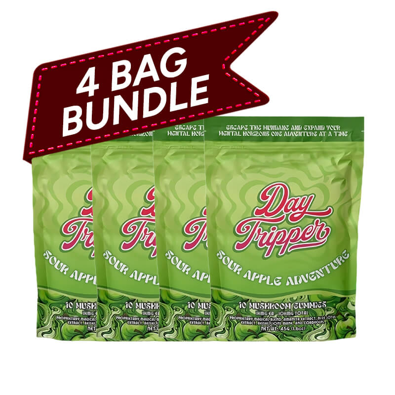 Bundle Deal of 'Day Tripper' Sour Apple Mushroom gummies come in 4 bags value size.