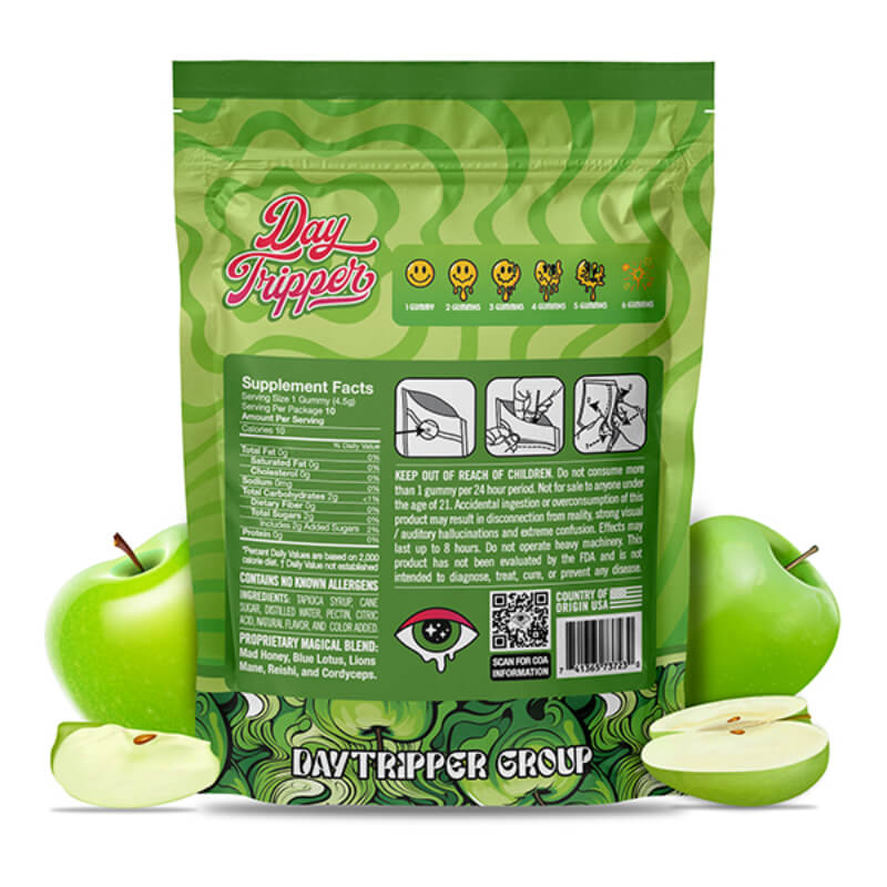  The back of Day Tripper Sour Apple Gummies shows nutritional labels, usage directions, and the ingredients for the magic mushroom, blue lotus, and mad honey blend.
