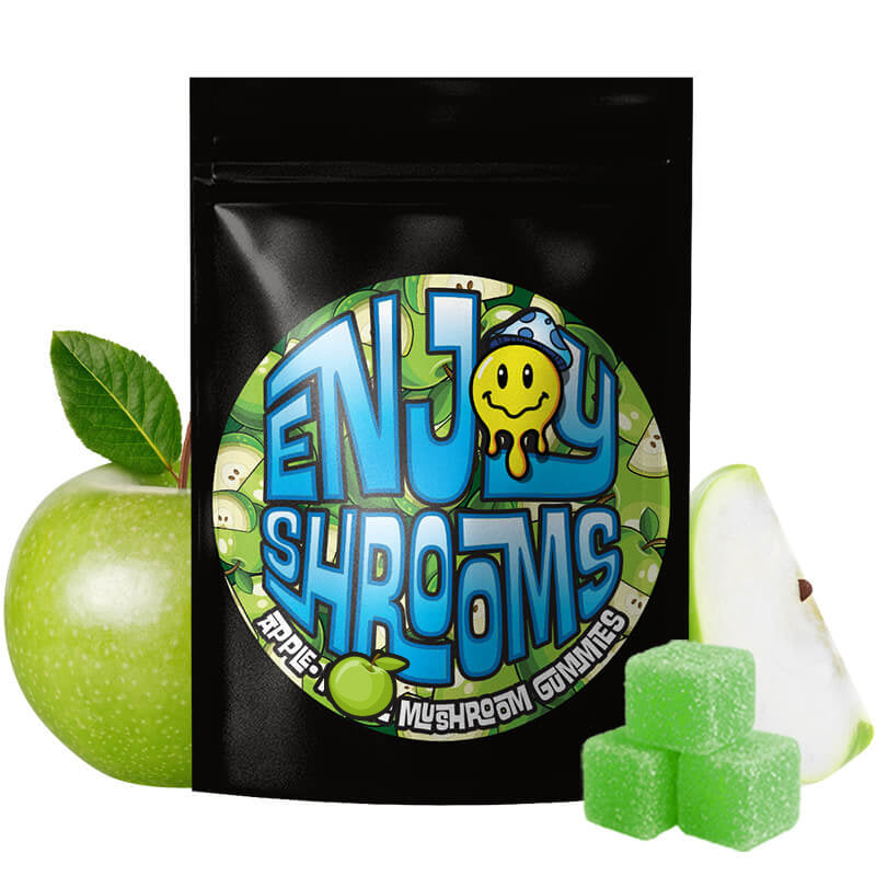 Enjoy Shrooms Bulk Sour Apple Gummies bag featuring sour apple flavor and bulk-value callout, resealable pouch, bright green design.