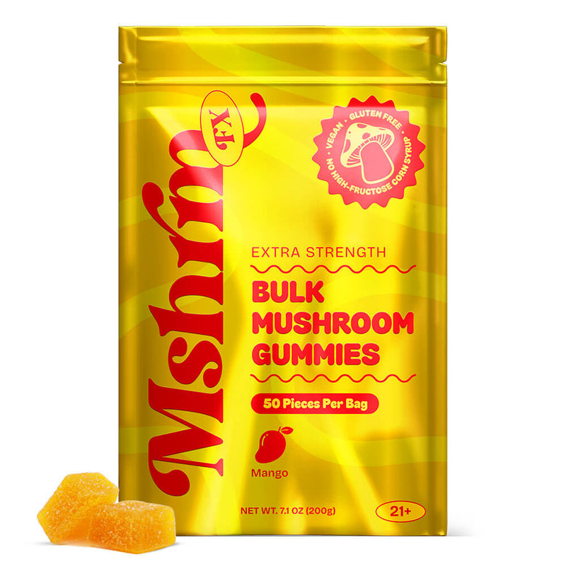 Mango Bag: MshrooM FX Extra Strength Bulk Mushroom Gummies Mango 50 count resealable bag with vegan gluten-free no HFCS badges