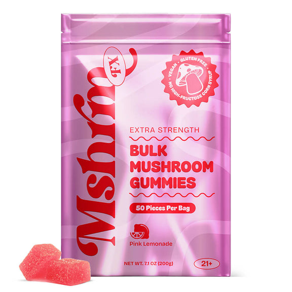 Pink Lemonade Bag: MshrooM FX Extra Strength Bulk Mushroom Gummies Pink Lemonade 50 count resealable bag with vegan gluten-free no HFCS badges