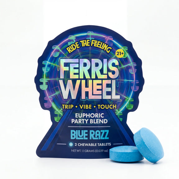 Ferris Wheel Blue Razz Kanna nootropic tablet 2-pack front packaging by FW Wellness.