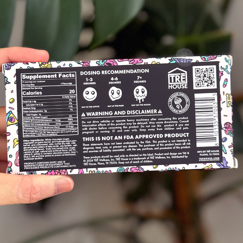 Back of TRĒ House Fruity Cereal, mushroom, Chocolate bar showing ingredients, nutrition panel, and nootropic dosing chart.
