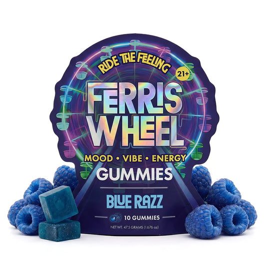 Blue Razz variant image: Ferris Wheel Blue Razz Kanna Gummies pouch, 10 count