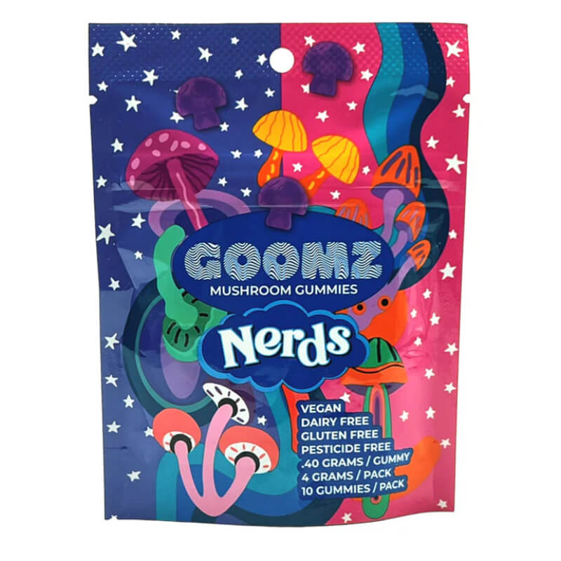 Goomz Nerds Mushroom Gummies pouch with rainbow candy design and 10 colorful, pre-dosed psychedelic gummies.
