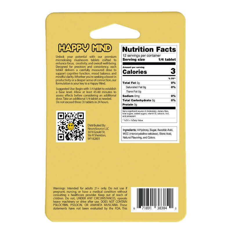 Back of Happy Minds Blue Razz Mushroom Tablets package showing dosing instructions, ingredients list and safety warnings.