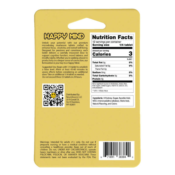 Back of Happy Minds Blue Razz Mushroom Tablets package showing dosing instructions, ingredients list and safety warnings.