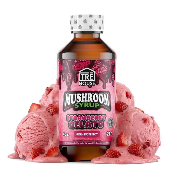 Bottle of Tre House Mushroom Syrup Strawberry Gelato with pink ice cream and strawberries on a white background