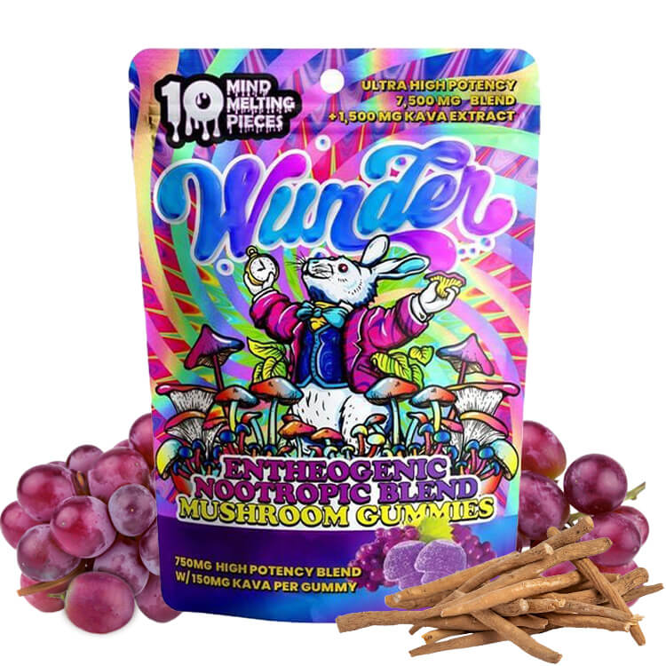  Front of Wunder Grape Mushroom Gummies with bold purple graphics, 10-count label, and calming Kava.