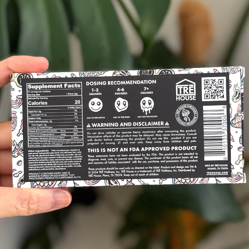 Tre House Cookies and Cream mushroom chocolate bar. 