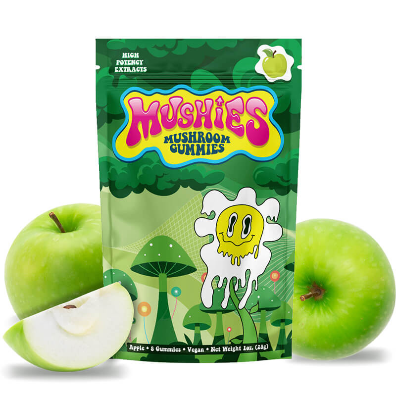 Magic Mushies Apple Mushroom Gummies front packaging intense formula vegan lab-tested USA-made.