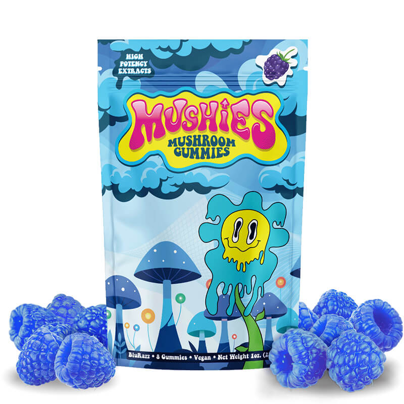 Magic Mushies Blue Raspberry Mushroom Gummies front packaging intense formula vegan lab-tested USA-made.