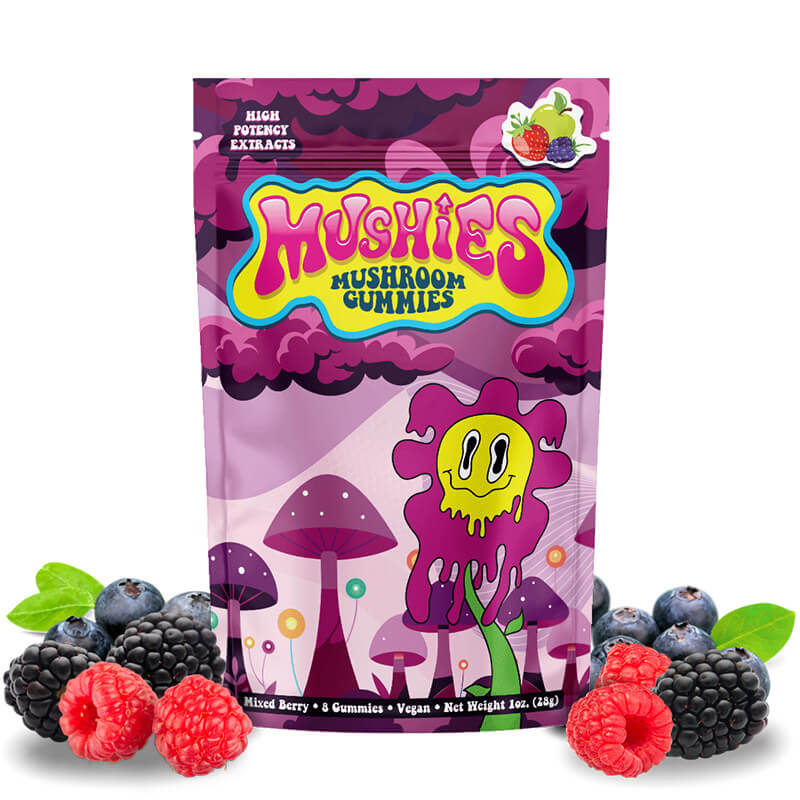 Magic Mushies Mixed Berry Mushroom Gummies front packaging intense formula vegan lab-tested USA-made.