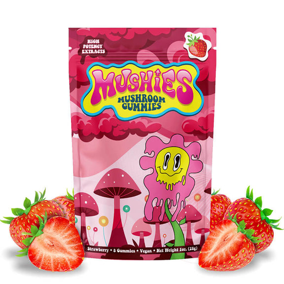 Magic Mushies Strawberry Mushroom Gummies front packaging intense formula vegan lab-tested USA-made.