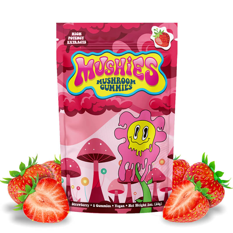 Magic Mushies Strawberry Mushroom Gummies front packaging intense formula vegan lab-tested USA-made.