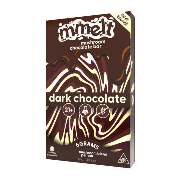 Front of Mmelt Dark Chocolate Mushroom Bar with 6g active mushroom blend and premium design.