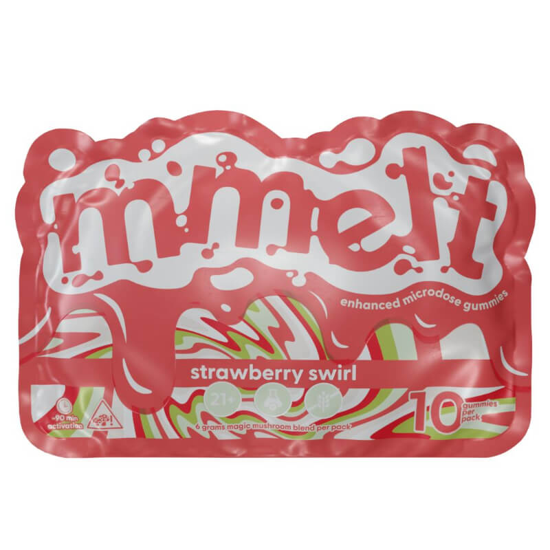 A picture of the front of the packaging for Mmelt, strawberry swirl magic mushroom gumies. 