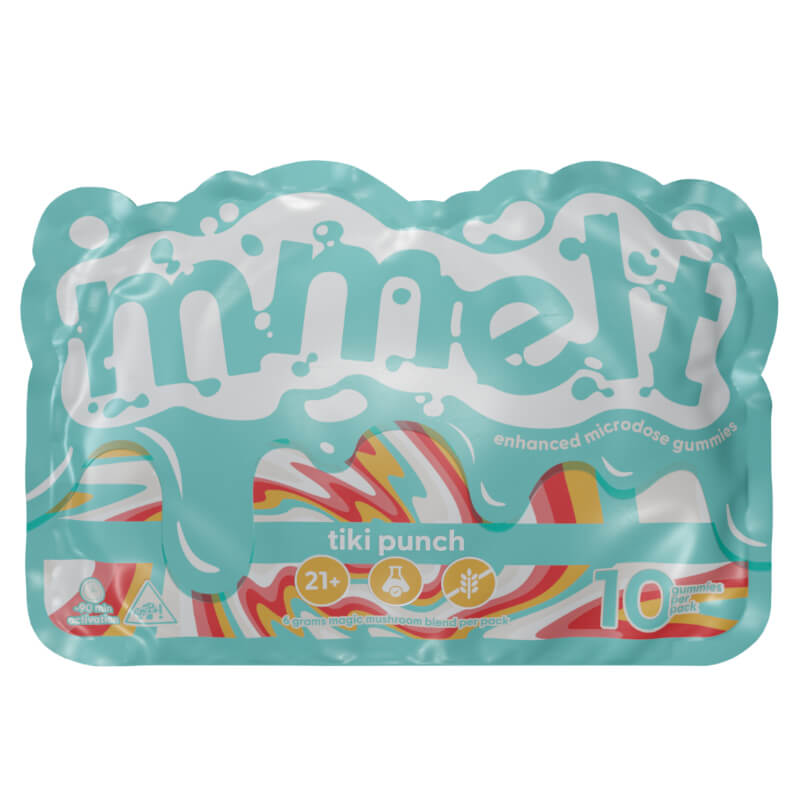 A product picture for Mmelt Tiki Punch flavored magic mushroom gummies. 