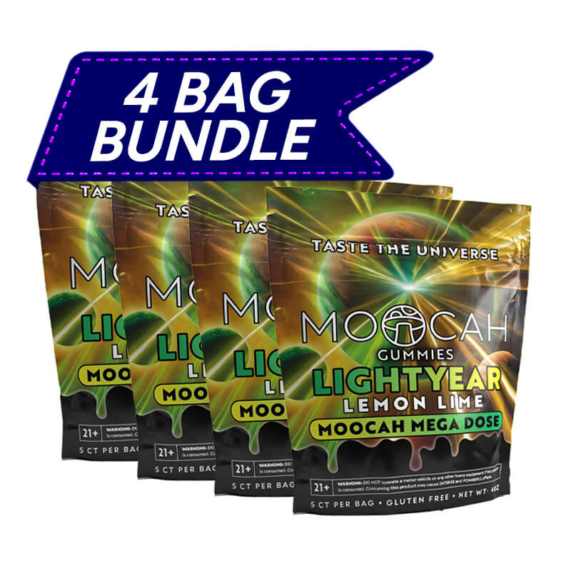 Moocah Lightyear Lemon Lime Magic Mushroom Gummies 4-pack with 15,000 mg bags and bright citrus-themed artwork.