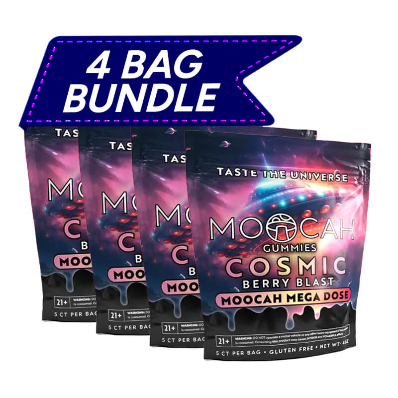 Moocah Cosmic Berry Blast Mushroom Gummies 4 Pack Bundle with bright mixed berry flavor and premium mushroom blend.
