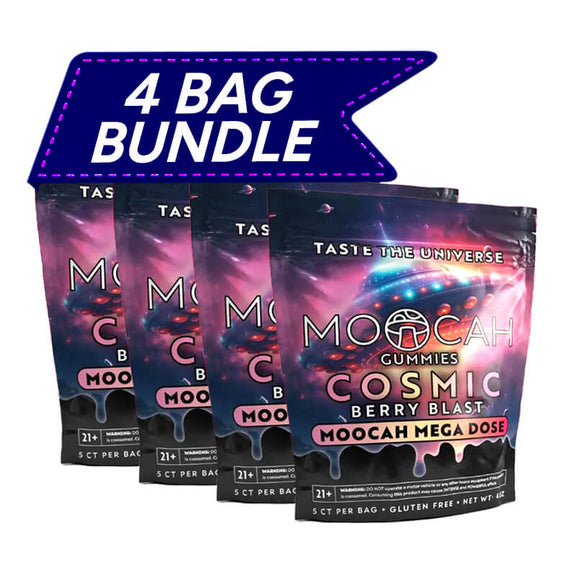 Moocah Cosmic Berry Blast Mushroom Gummies 4 Pack Bundle with bright mixed berry flavor and premium mushroom blend.